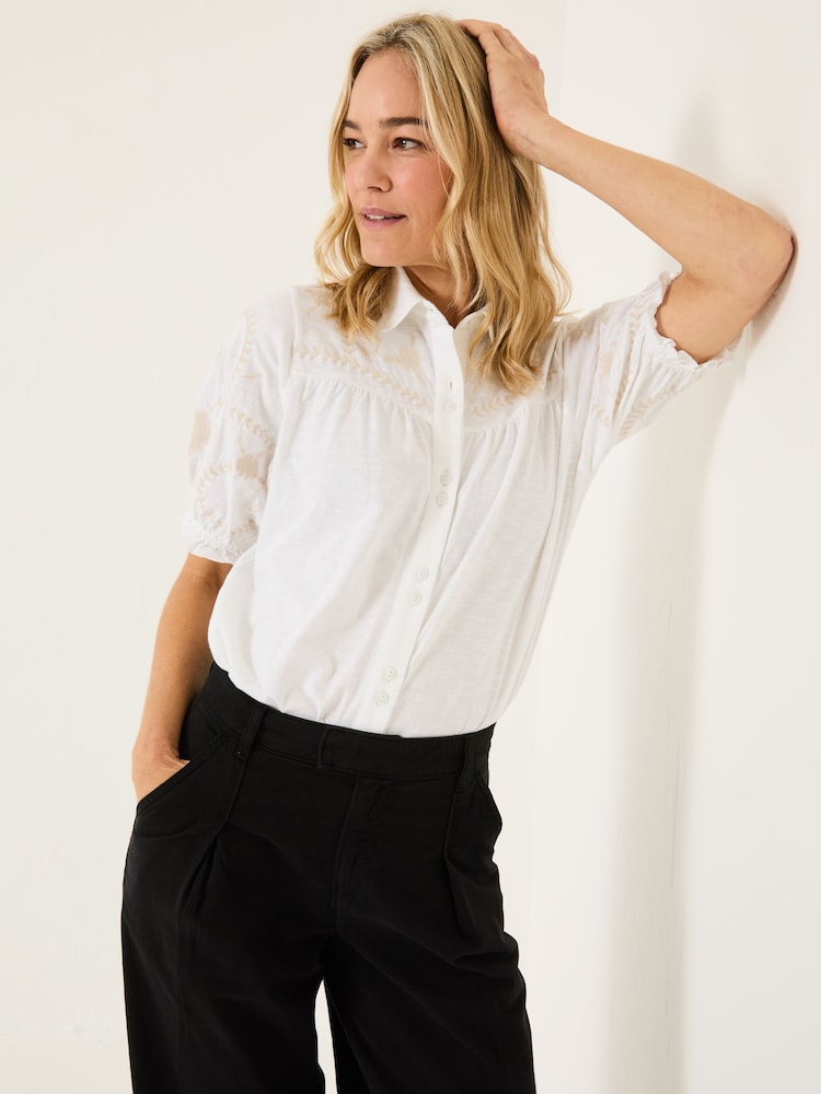 FatFace White Embroidered Short Sleeve Jersey Shirt - Image 1 of 10