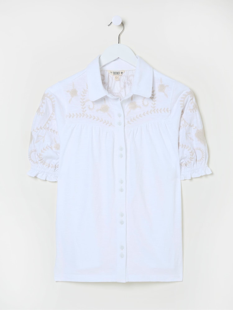 FatFace White Embroidered Short Sleeve Jersey Shirt - Image 10 of 10
