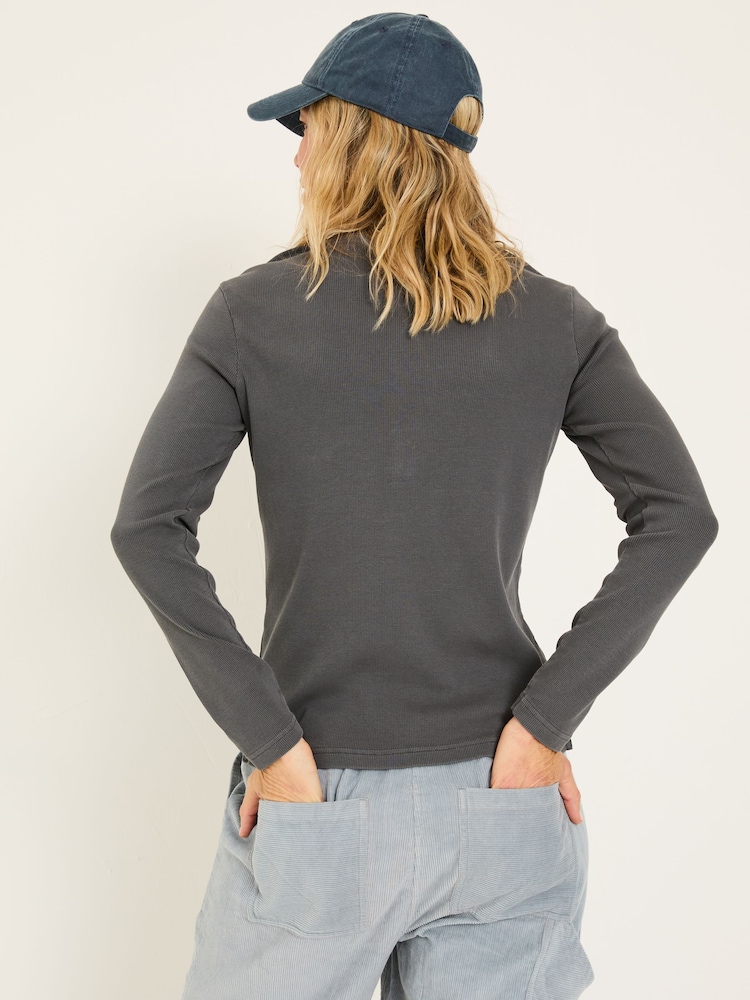 FatFace Hettie Charcoal Grey Rib Henley Top - Image 2 of 5