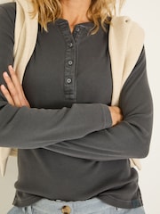 FatFace Hettie Charcoal Grey Rib Henley Top - Image 4 of 5