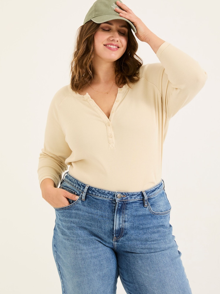 FatFace Reese Oatmeal Ribbed Henley Top - Image 7 of 9