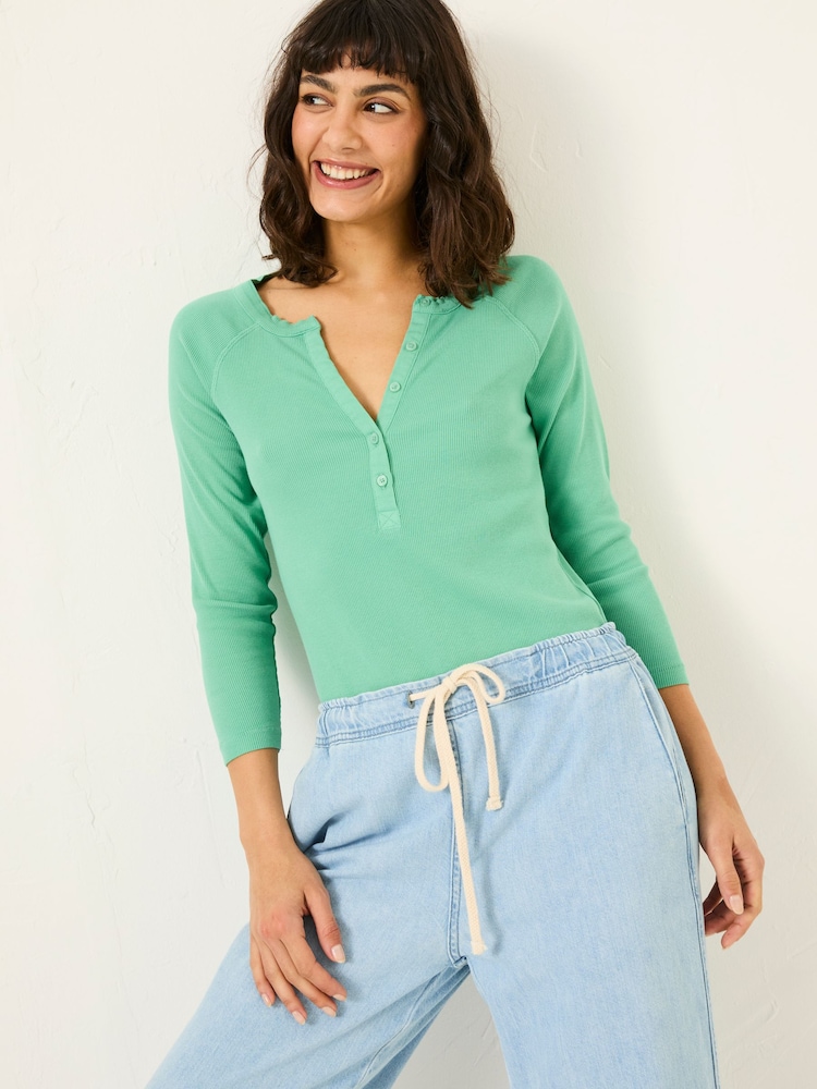 FatFace Reese Jade Green Ribbed Henley Top - Image 1 of 9