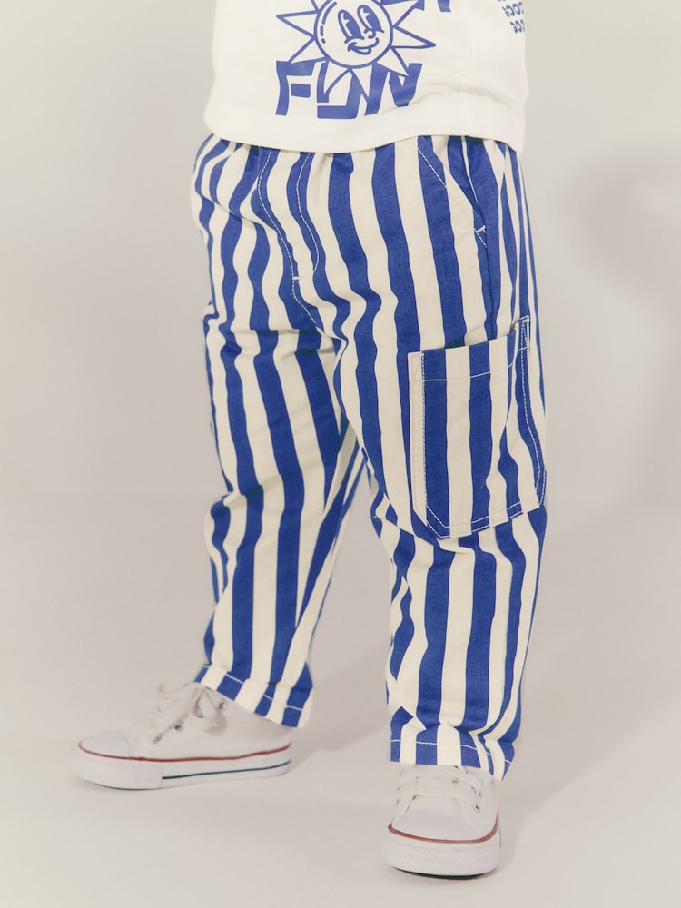 Blue/White Stripe Side Pocket 100% Cotton Pull On Trousers (3mths-7yrs) - Image 1 of 8