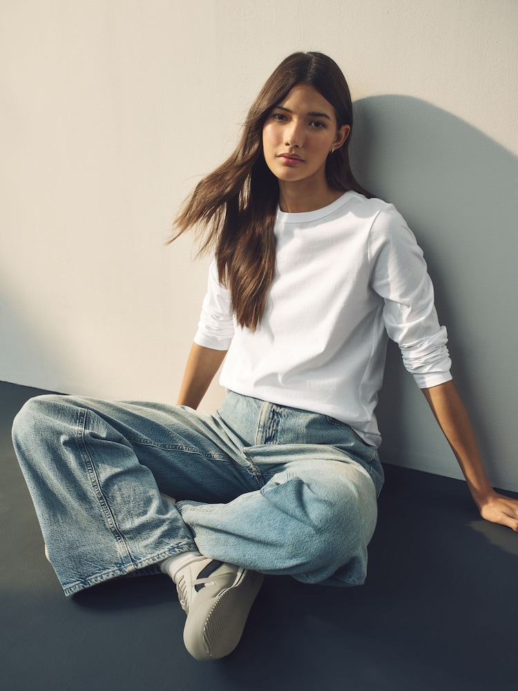 New White 100% Cotton Long Sleeve T-Shirt - Image 1 of 7