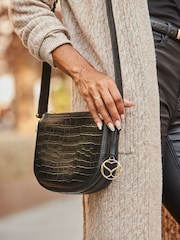 Sosandar Black Leather Croc Saddle Bag - Image 1 of 5
