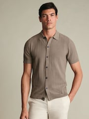 Dabisks tonis - Charles Tyrwhitt Stripe Texture Button Through Short Sleeve Knitted Cotton Polo Shirt - Attēls 1 no 4