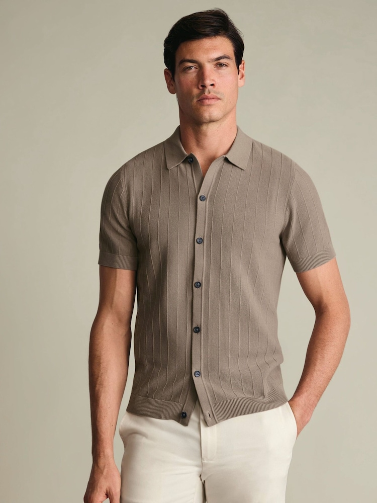 Dabisks tonis - Charles Tyrwhitt Stripe Texture Button Through Short Sleeve Knitted Cotton Polo Shirt - Attēls 1 no 4