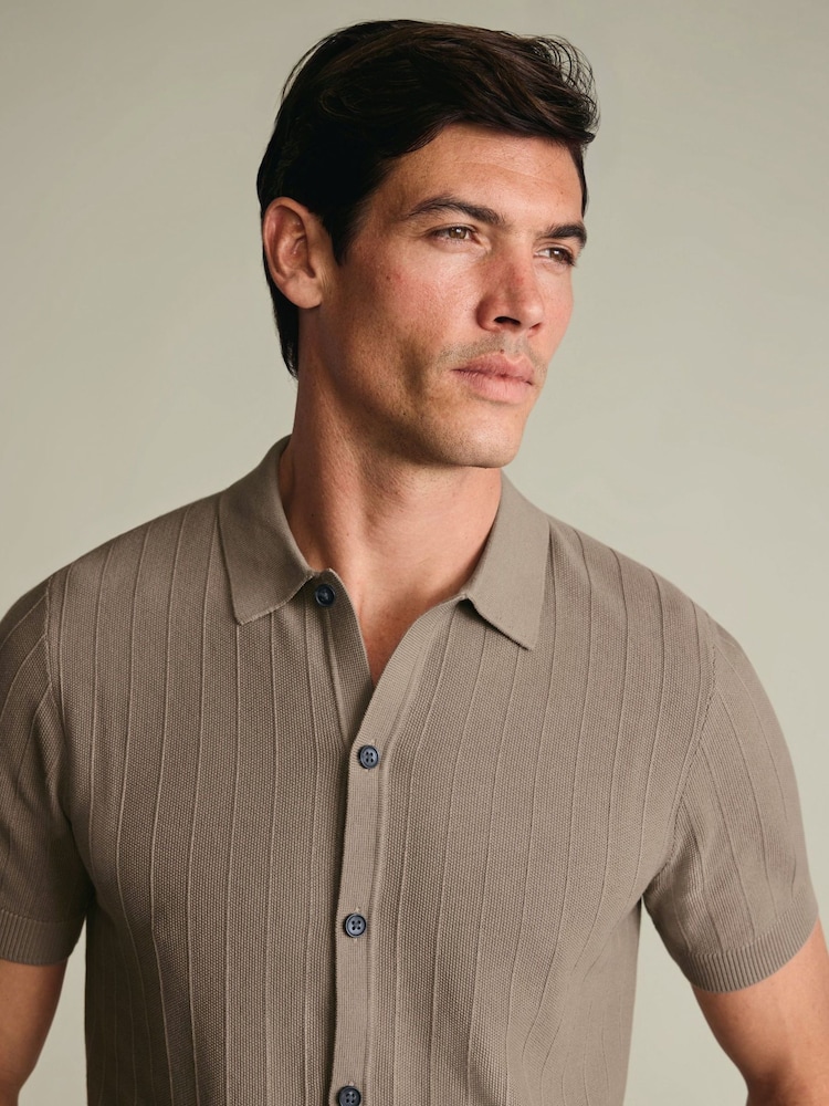 Dabisks tonis - Charles Tyrwhitt Stripe Texture Button Through Short Sleeve Knitted Cotton Polo Shirt - Attēls 2 no 4