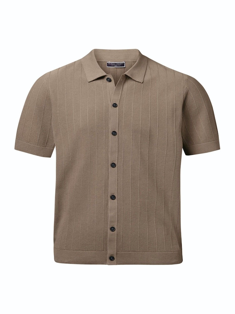 Dabisks tonis - Charles Tyrwhitt Stripe Texture Button Through Short Sleeve Knitted Cotton Polo Shirt - Attēls 4 no 4