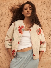 Ecru Cream Floral Print Quilted Jacket - Image 1 of 7
