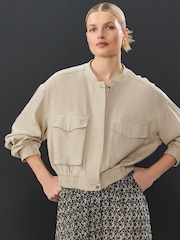 Neutral Linen Blend Bomber Jacket - Image 1 of 7