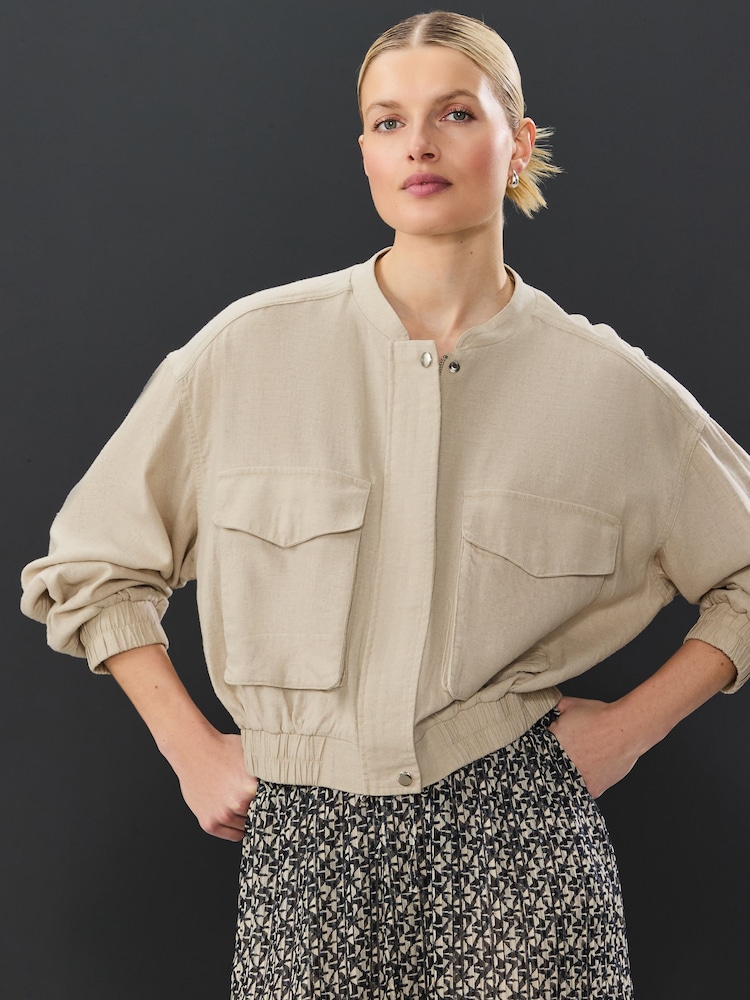 Neutral Linen Blend Bomber Jacket - Image 1 of 7