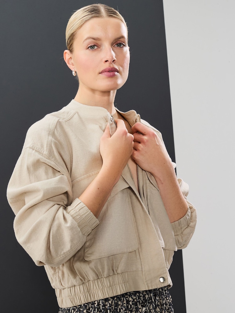 Neutral Linen Blend Bomber Jacket - Image 2 of 7