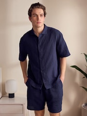 Темно-синий - Textured Woven Loungewear 100% Cotton Shorts Set - Image 1 of 11