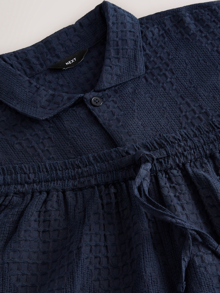 Темно-синий - Textured Woven Loungewear 100% Cotton Shorts Set - Image 11 of 11