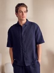 Темно-синий - Textured Woven Loungewear 100% Cotton Shorts Set - Image 2 of 11