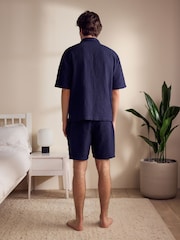 Темно-синий - Textured Woven Loungewear 100% Cotton Shorts Set - Image 3 of 11