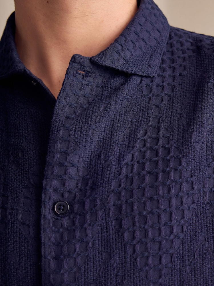Темно-синий - Textured Woven 100% Cotton Shirt and Shorts Set - Image 4 of 11