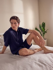 Темно-синий - Textured Woven Loungewear 100% Cotton Shorts Set - Image 6 of 11