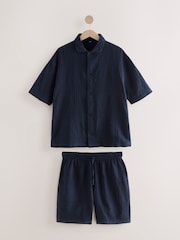 Темно-синий - Textured Woven Loungewear 100% Cotton Shorts Set - Image 7 of 11