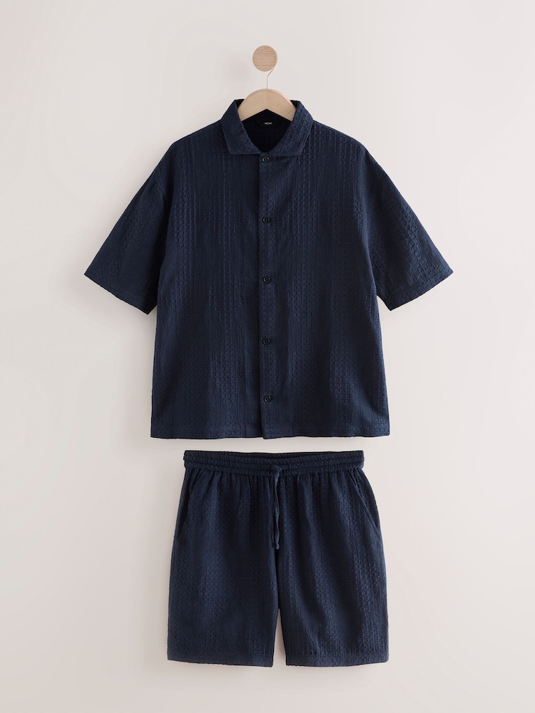Темно-синий - Textured Woven 100% Cotton Shirt and Shorts Set - Image 7 of 11