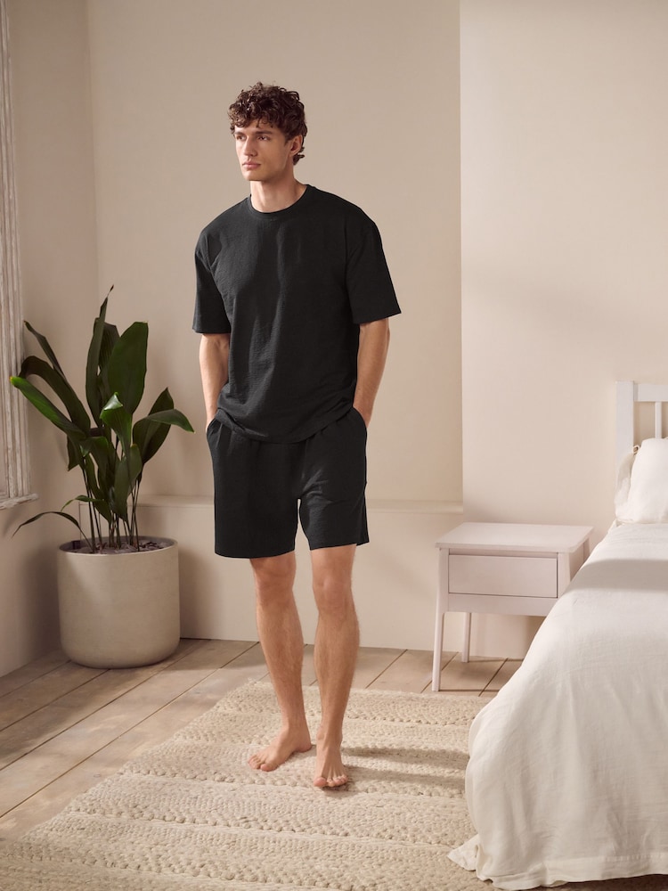 Black Jersey Textured Co-ord Shorts Set - Image 2 of 11
