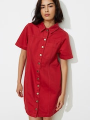 Oliver Bonas Red Denim Button Up 100% Cotton Mini Dress - Image 1 of 8