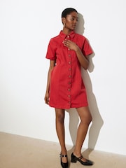 Oliver Bonas Red Denim Button Up 100% Cotton Mini Dress - Image 2 of 8