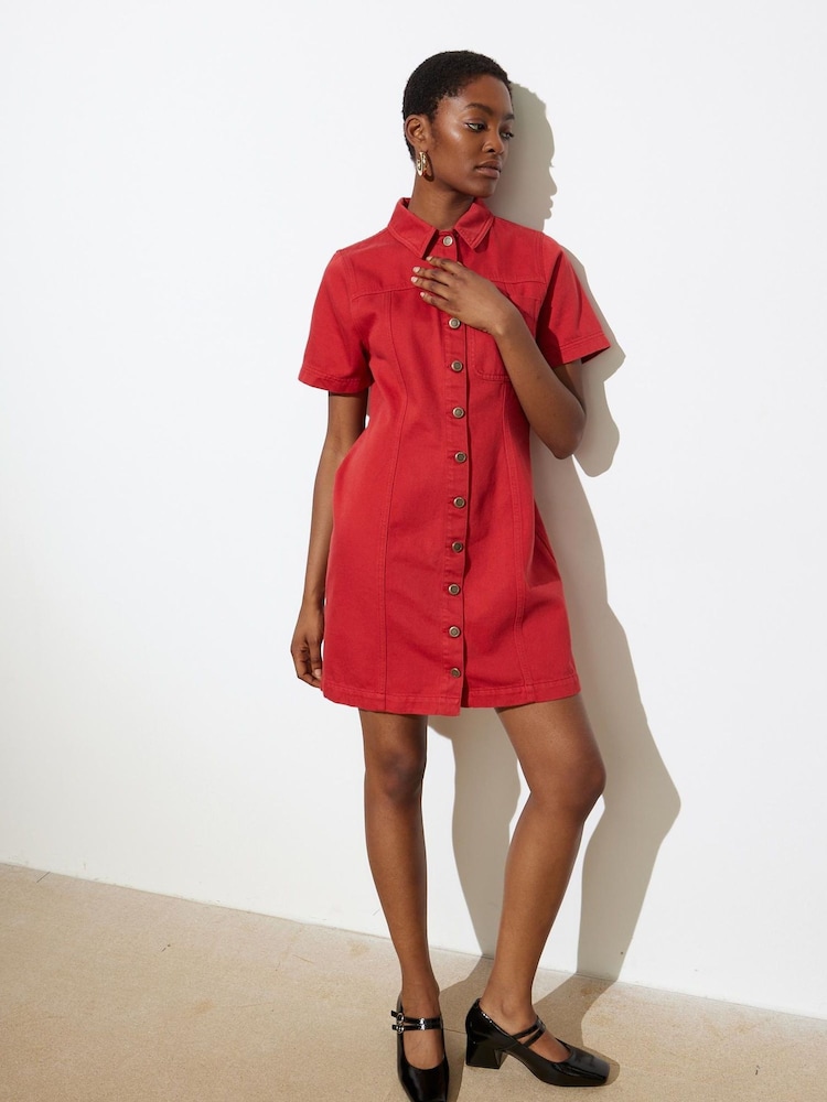 Oliver Bonas Red Denim Button Up 100% Cotton Mini Dress - Image 2 of 8