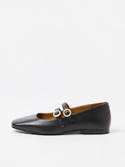 Oliver Bonas Black Mary Jane Double Buckle Pearl Leather Shoes - Image 1 of 6