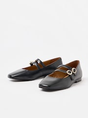 Oliver Bonas Black Mary Jane Double Buckle Pearl Leather Shoes - Image 2 of 6