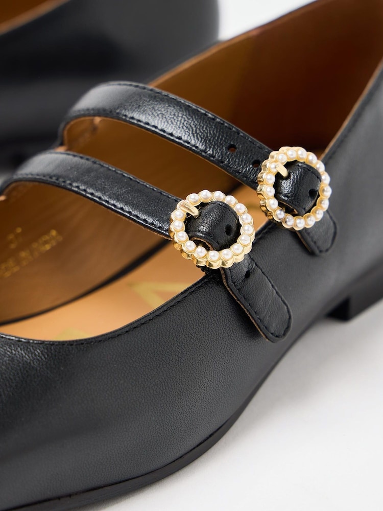 Oliver Bonas Black Mary Jane Double Buckle Pearl Leather Shoes - Image 6 of 6