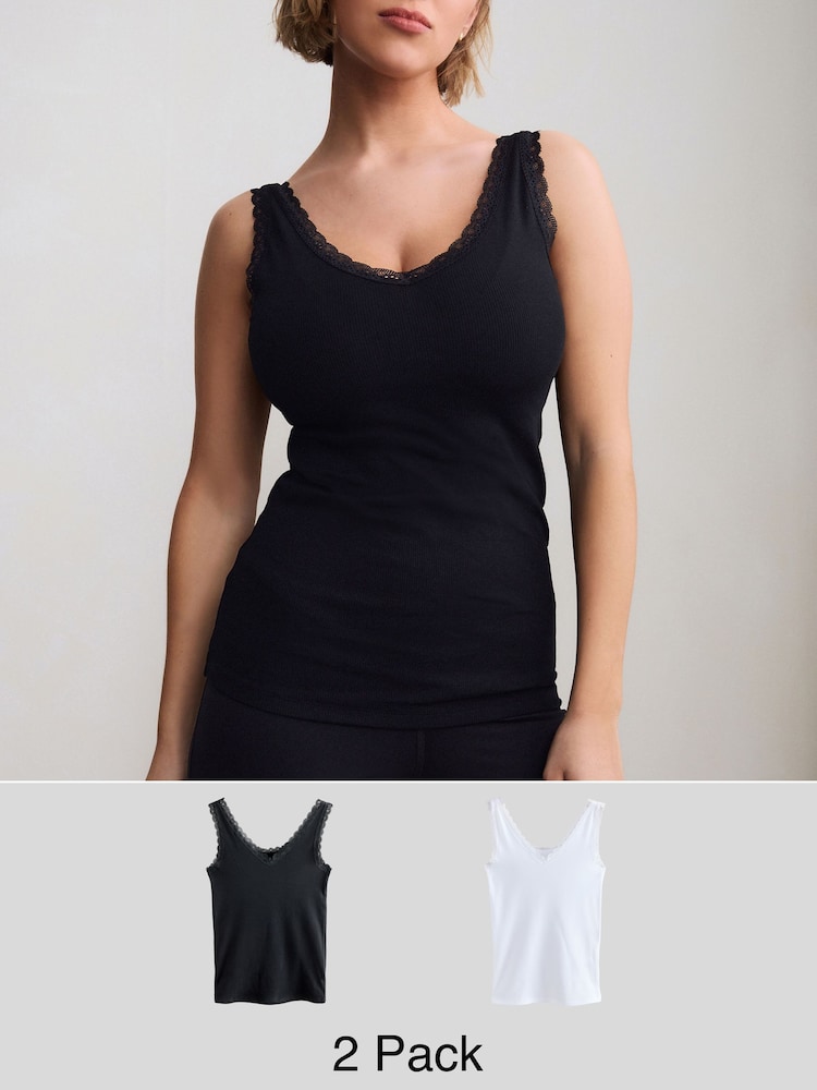 Black/White Lace Trim Ribbed Vests 2 Pack - Image 1 of 12 Black/White Lace Trim Ribbed Vests 2 Pack - Image 1 of 12
