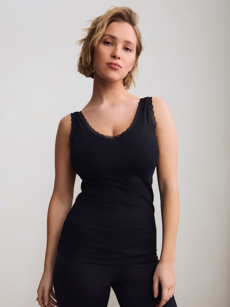 Black/White Lace Trim Ribbed Vests 2 Pack - Image 2 of 12 Black/White Lace Trim Ribbed Vests 2 Pack - Image 2 of 12