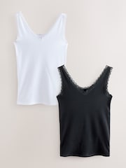 Black/White Lace Trim Ribbed Vests 2 Pack - Image 8 of 12