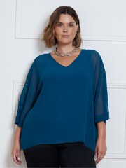 Azul - Blusa de gasa con cuello en pico y capa superpuesta de Live Unlimited Curve - Imagen 1 de 3