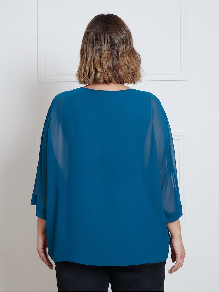 Azul - Blusa de gasa con cuello en pico y capa superpuesta de Live Unlimited Curve - Imagen 3 de 3