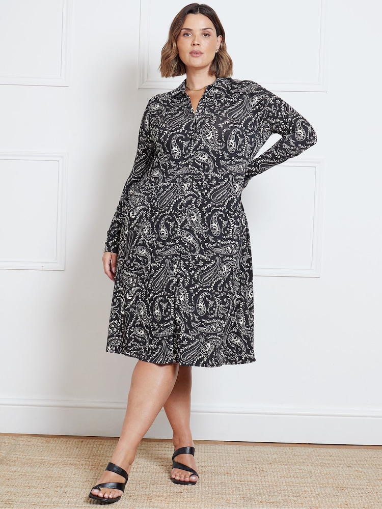 Live Unlimited Black Paisley Long Sleeve Jersey Shirt Dress - Image 1 of 3 Live Unlimited Black Paisley Long Sleeve Jersey Shirt Dress - Image 1 of 3