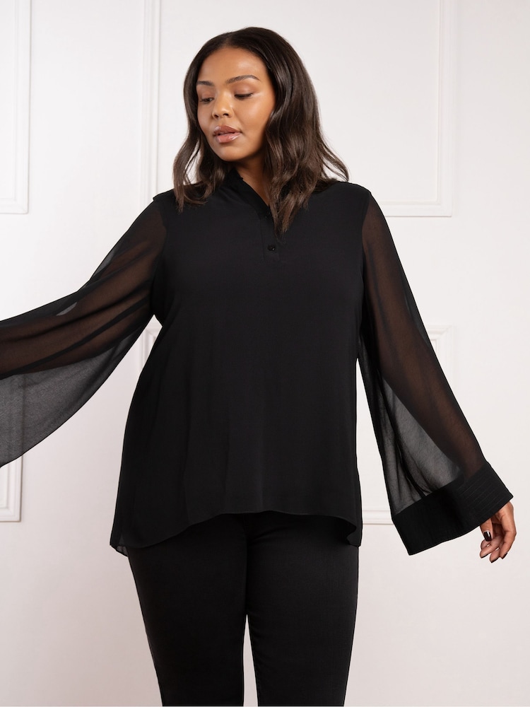 Live Unlimited Black Curve Wide Sleeve Half Placket Blouse - Image 1 of 4