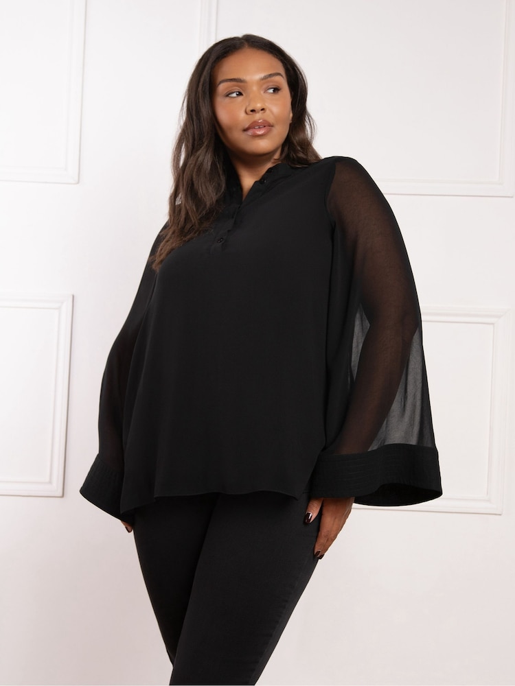 Live Unlimited Black Curve Wide Sleeve Half Placket Blouse - Image 3 of 4
