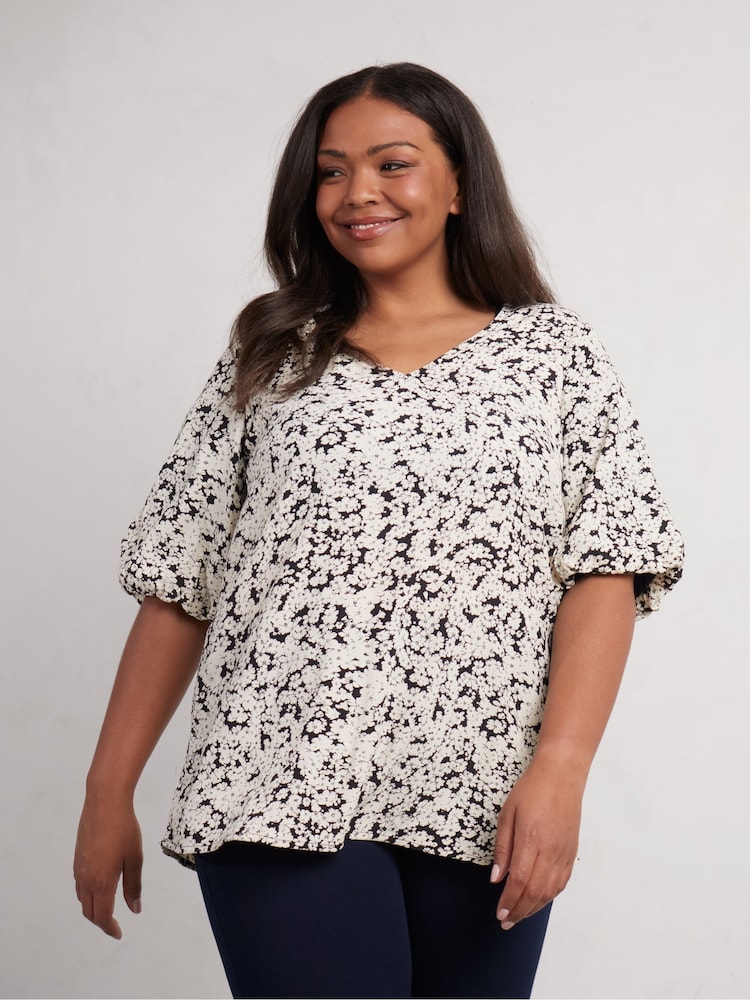 Live Unlimited Black Curve Floral Puff Sleeve Blouse - Image 1 of 3
