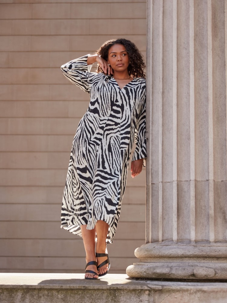 Live Unlimited Black Zebra Print Long Sleeve Midi Dress - Image 1 of 5