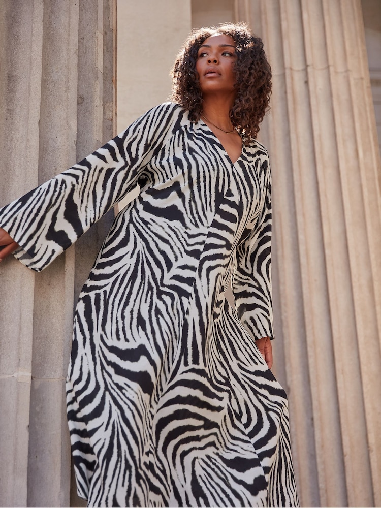 Live Unlimited Black Zebra Print Long Sleeve Midi Dress - Image 2 of 5