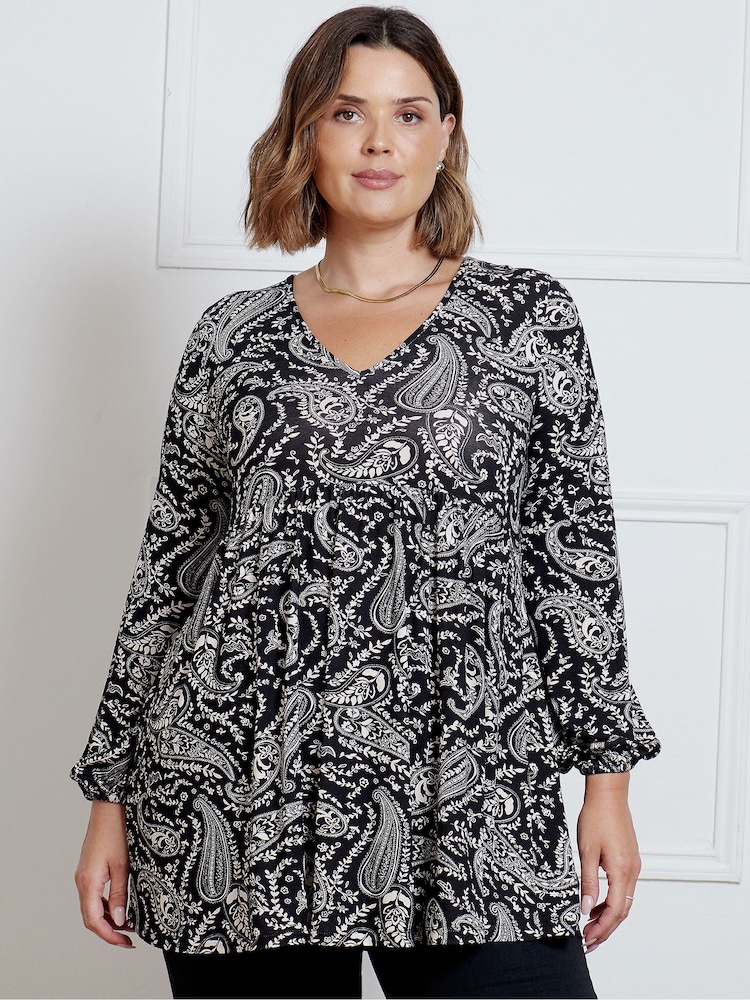Live Unlimited Black Paisley Smock Style Tunic - Image 1 of 3 Live Unlimited Black Paisley Smock Style Tunic - Image 1 of 3