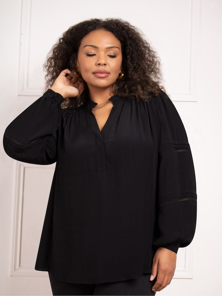 Live Unlimited Black Curve Boho Blouse With Ladder Trim Detail - Image 1 of 5