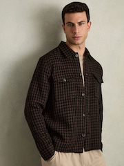 Reiss Navy/Rust Kirk Brushed Houndstooth-Check Overshirt - Image 1 of 9