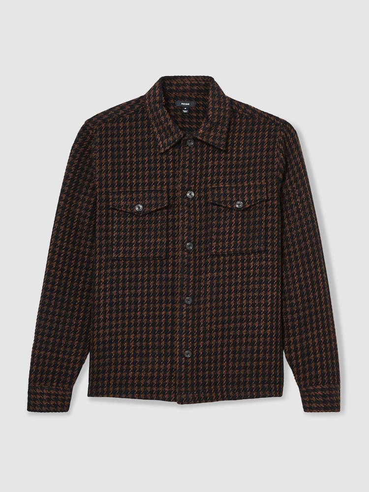 Reiss Navy/Rust Kirk Brushed Houndstooth-Check Overshirt - Image 2 of 9