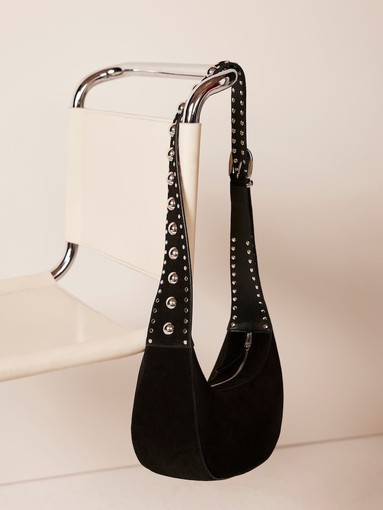 Mint Velvet Black Suede Studded Sling Bag - Image 1 of 4 Mint Velvet Black Suede Studded Sling Bag - Image 1 of 4