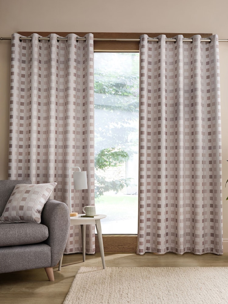 Catherine Lansfield Natural Wilson Check Thermal Blackout Lined Eyelet Curtains - Image 1 of 5
