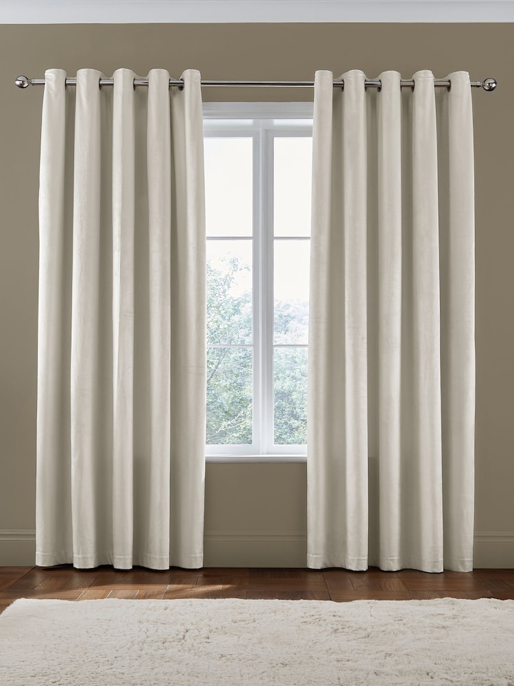 Catherine Lansfield Cream Matt Velvet Lined Eyelet Curtains - Image 2 of 3